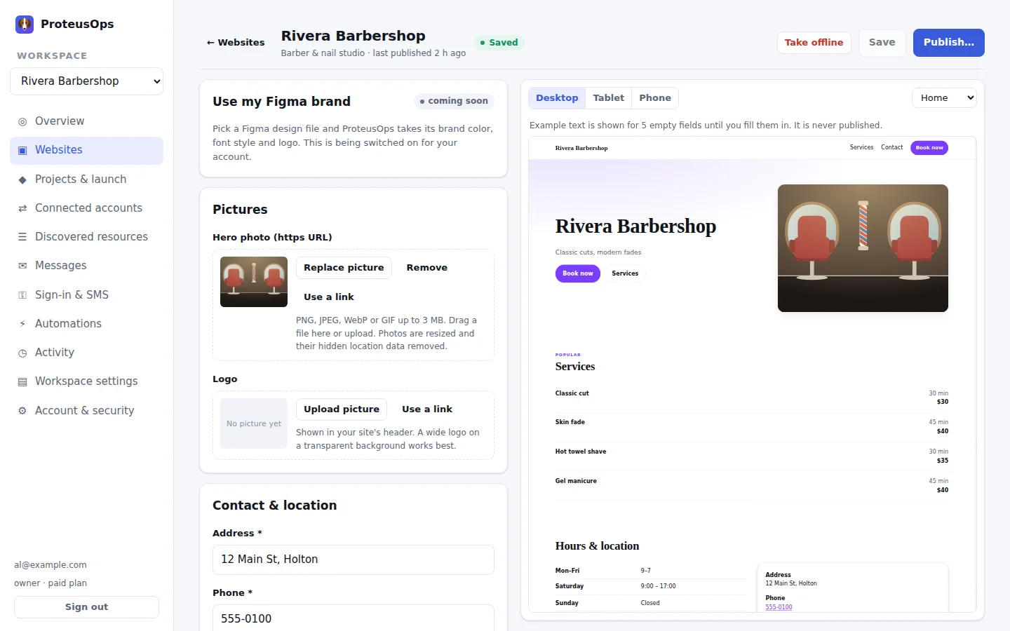 The Podsteps website editor: plain text fields on the left, a live preview of the site on the right